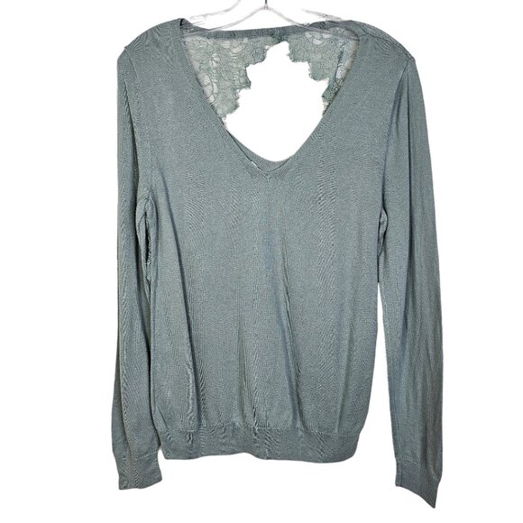 Maurices Medium Lace Open Back V-Neck Long Sleeve Top Shirt Blue Gray - Picture 1 of 7